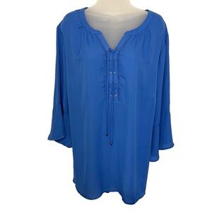 Catherines Women Top 4X Blue Lace Up Bell Sleeve Coastal